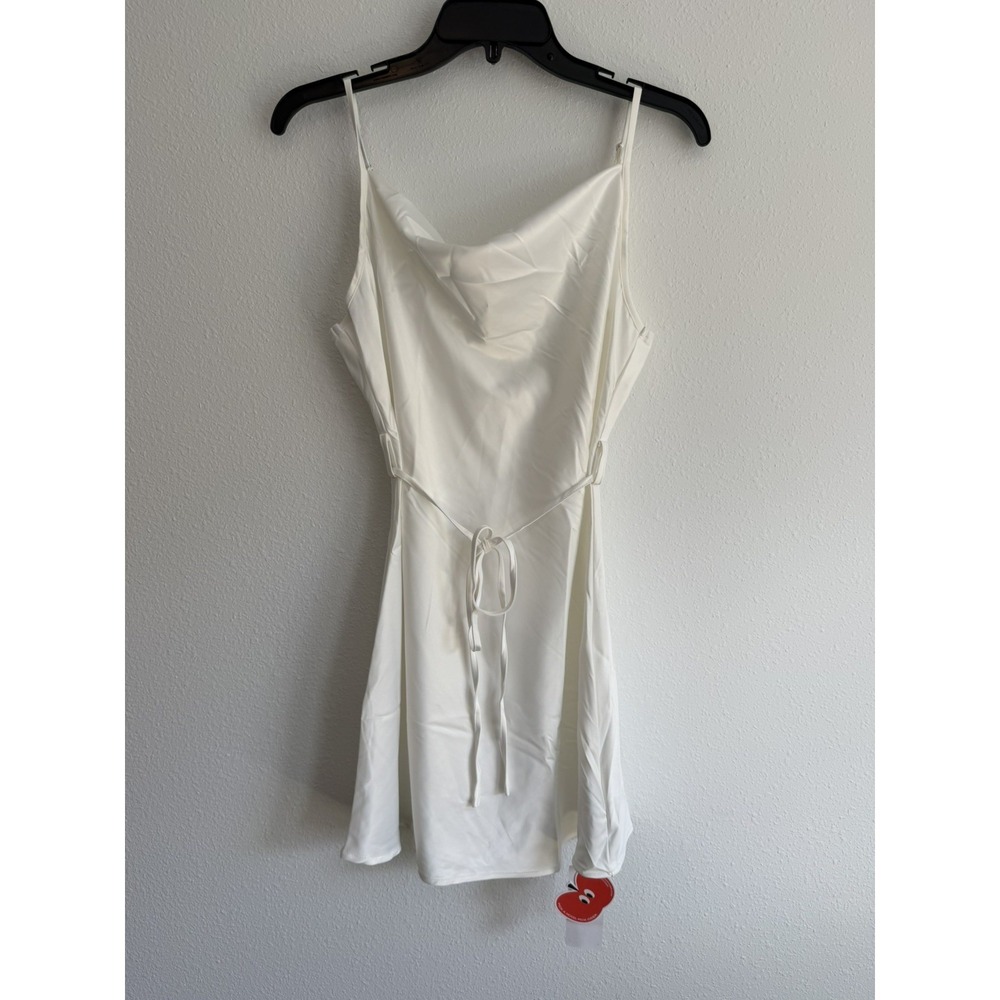 Cider Satin Cowl Neck Mini Dress Womens Small White Spaghetti Strap Tie Waist